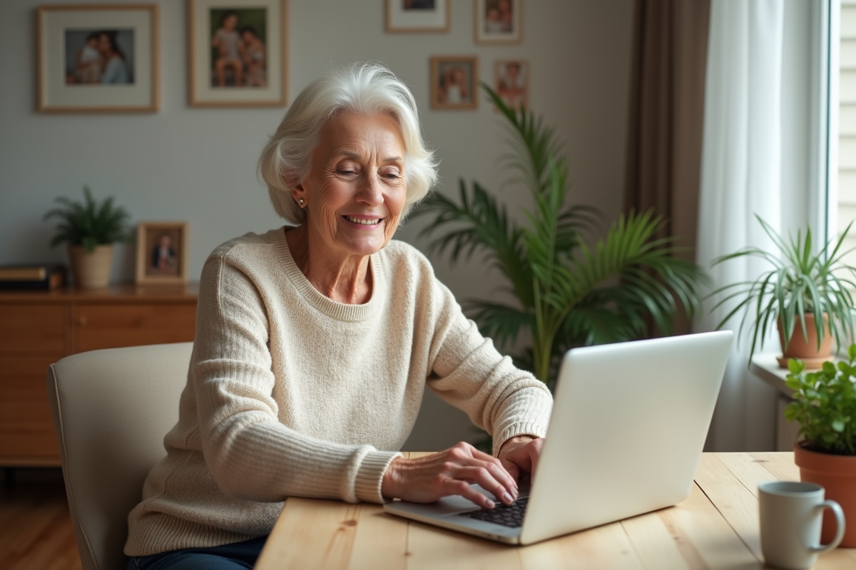 Femme souriante vérifiant son compte bancaire à la maison