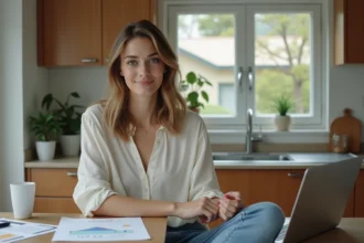 Femme en blouse et jeans travaillant sur un ordinateur dans une cuisine moderne