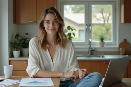 Femme en blouse et jeans travaillant sur un ordinateur dans une cuisine moderne