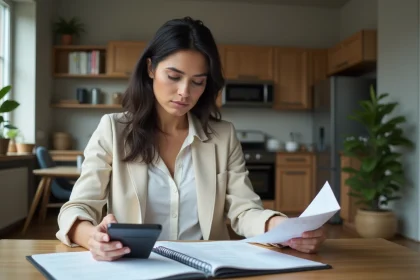 Femme concentrée à la maison avec papiers et calculatrice