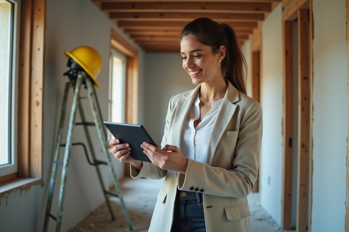 Femme consultant un outil de rénovation numérique dans un couloir en cours de travaux