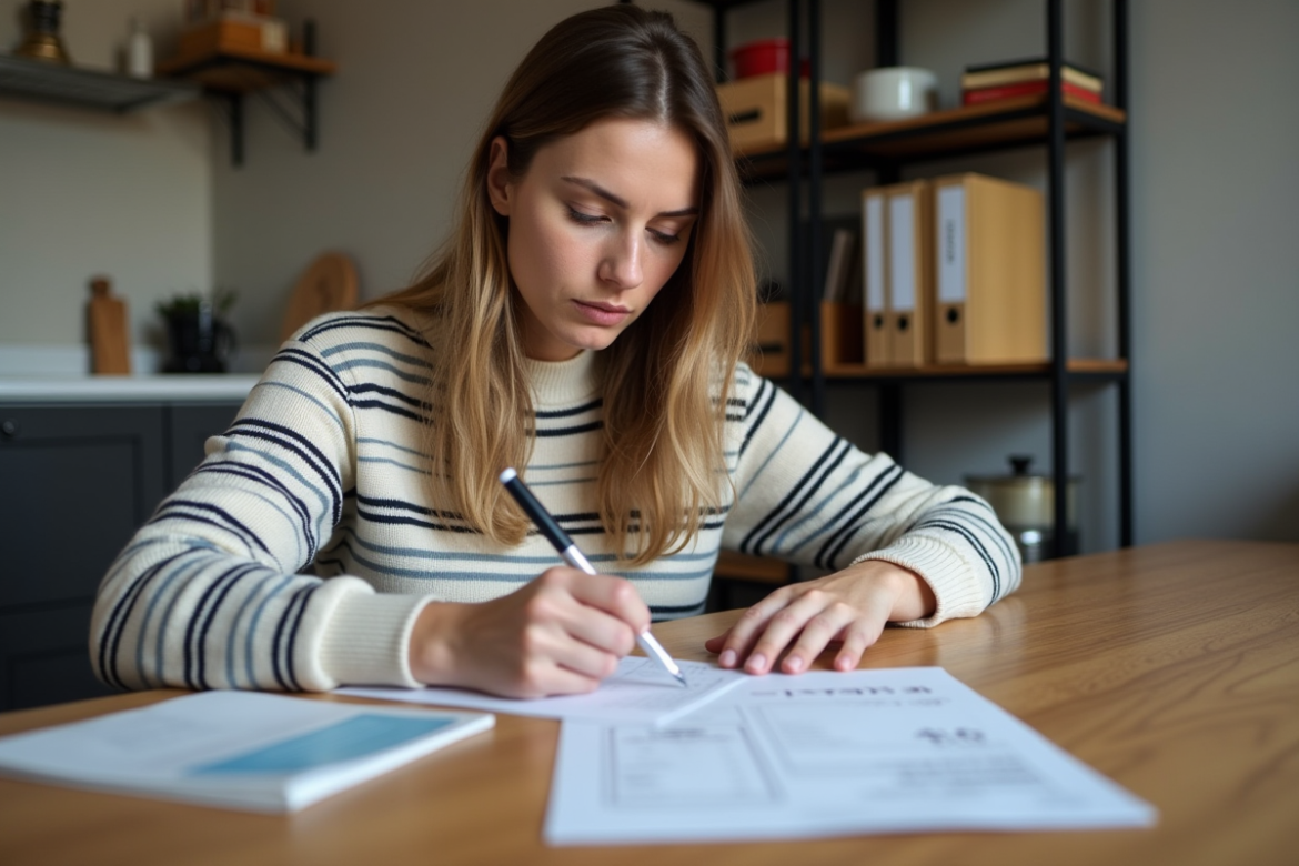 Jeune femme remplissant des papiers d'assurance à la maison