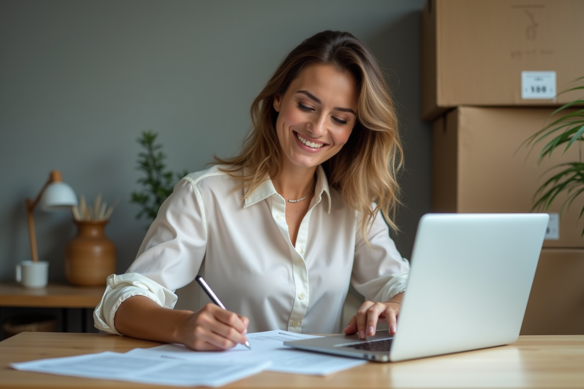 Femme souriante remplissant des papiers dans un appartement cosy