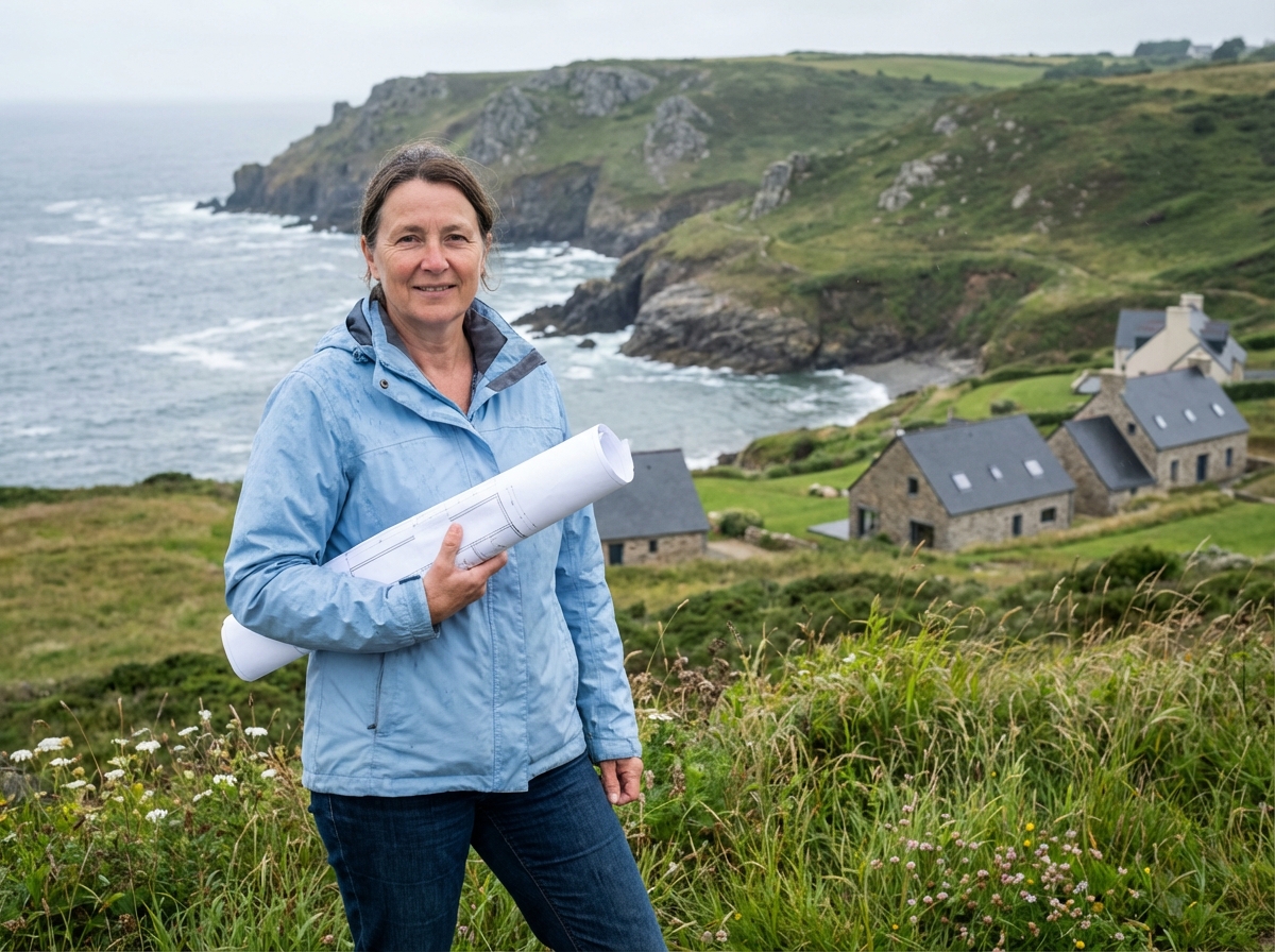 Femme en veste bleue sur la côte bretonne avec plans d'architecture