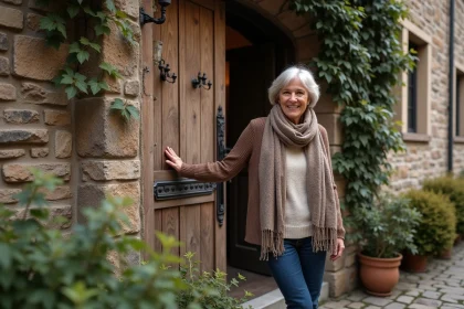 Femme souriante ouvrant une porte ancienne en bois sur une maison en pierre