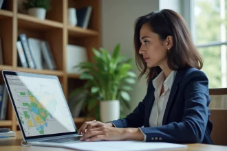 Femme professionnelle au bureau avec ordinateur et livres d'architecture