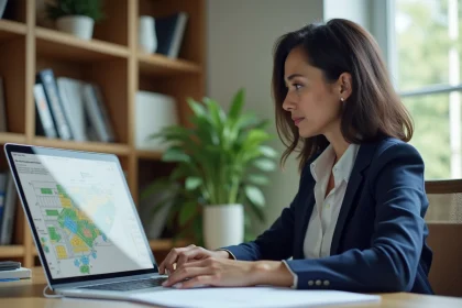 Femme professionnelle au bureau avec ordinateur et livres d'architecture