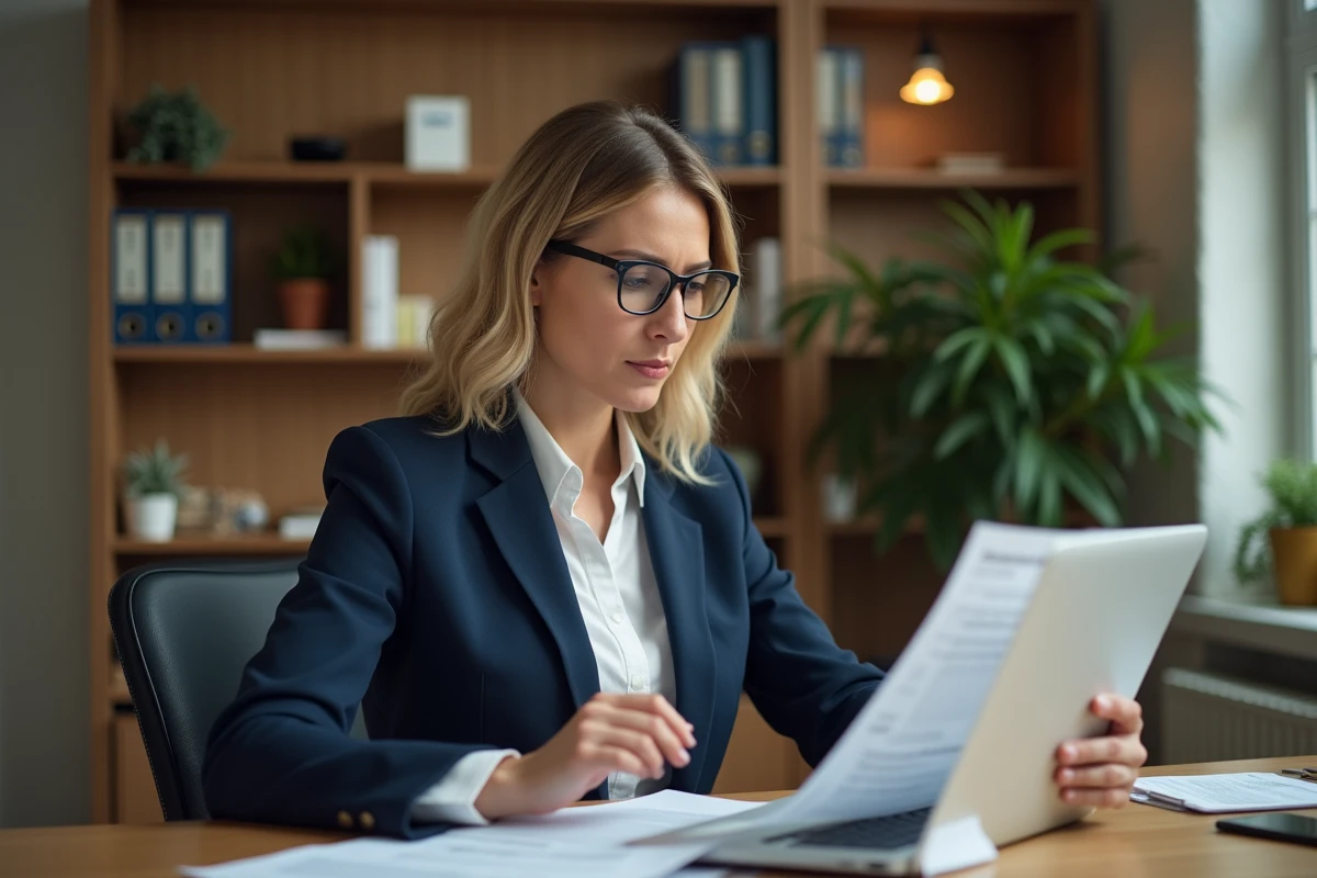 Femme professionnelle consultant des ressources en ligne sur l'immobilier locatif dans un bureau à domicile