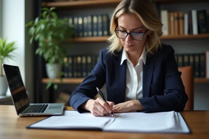 Femme professionnelle en blazer marine annotant un modèle de pré état daté sur son bureau à domicile