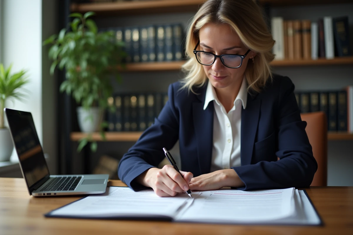 Femme professionnelle en blazer marine annotant un modèle de pré état daté sur son bureau à domicile