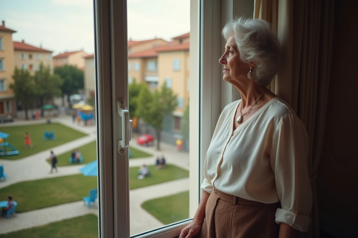 Femme regardant par la fenêtre d