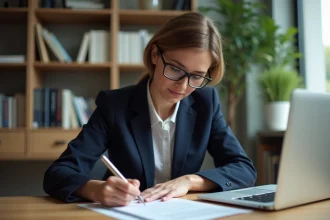 Femme professionnelle remplissant le formulaire 3233-SD à son bureau à domicile