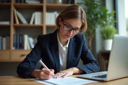 Femme professionnelle remplissant le formulaire 3233-SD à son bureau à domicile
