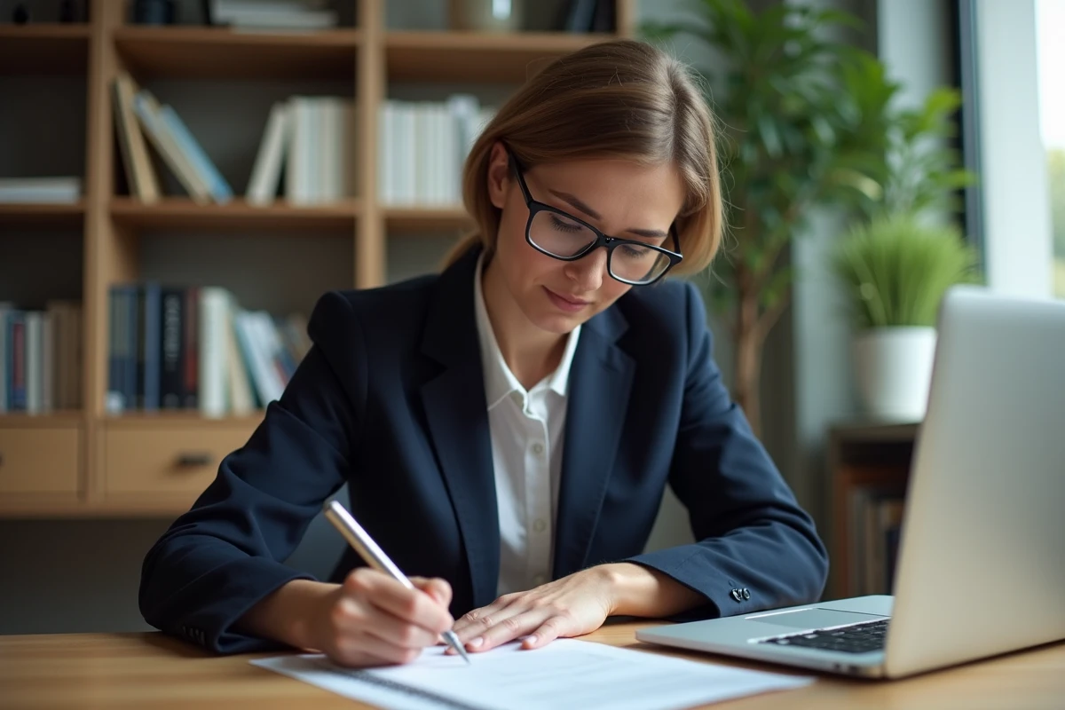 Femme professionnelle remplissant le formulaire 3233-SD à son bureau à domicile