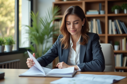 Femme confiante en bureau lumineux examinant documents de renovation