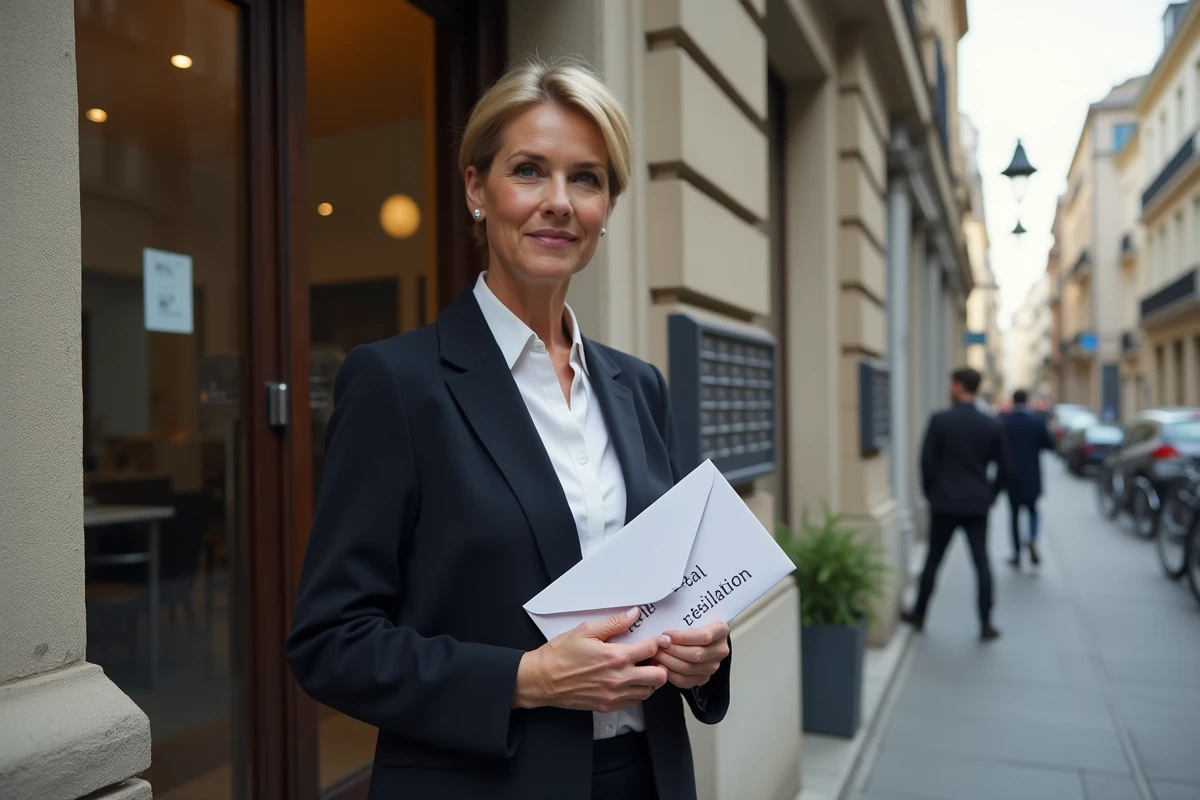 Femme résiliant un contrat devant un immeuble urbain en France
