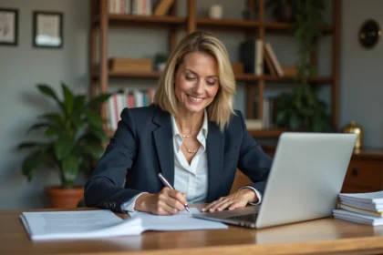 Femme d affaires signant un contrat de location dans un bureau moderne