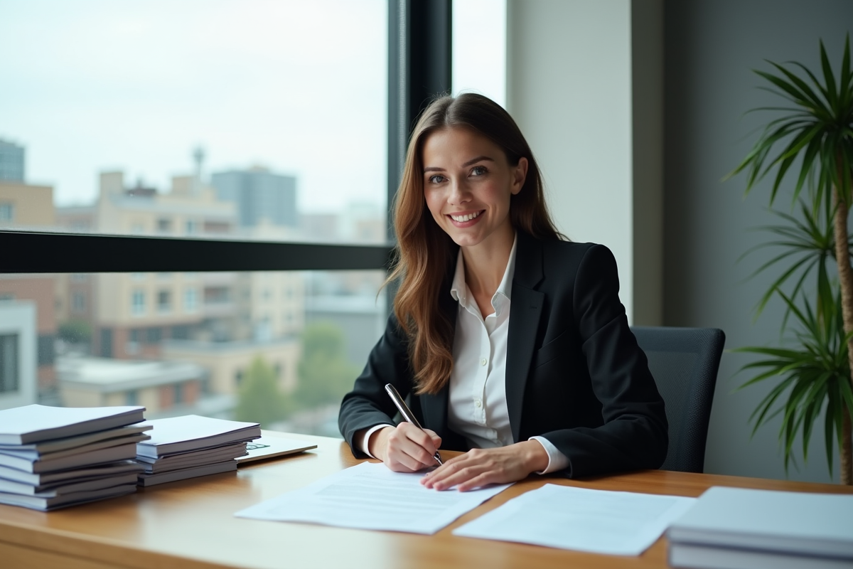 Jeune femme professionnelle signant un contrat dans un bureau moderne