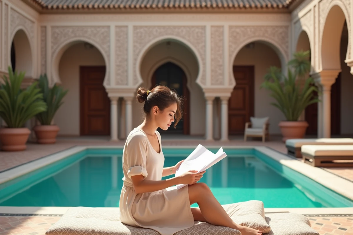 Femme en robe linen sur la terrasse d un riad marocain