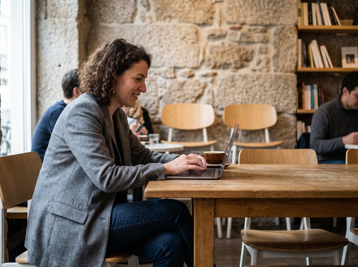 Femme concentrée travaillant sur son ordinateur dans un café breton