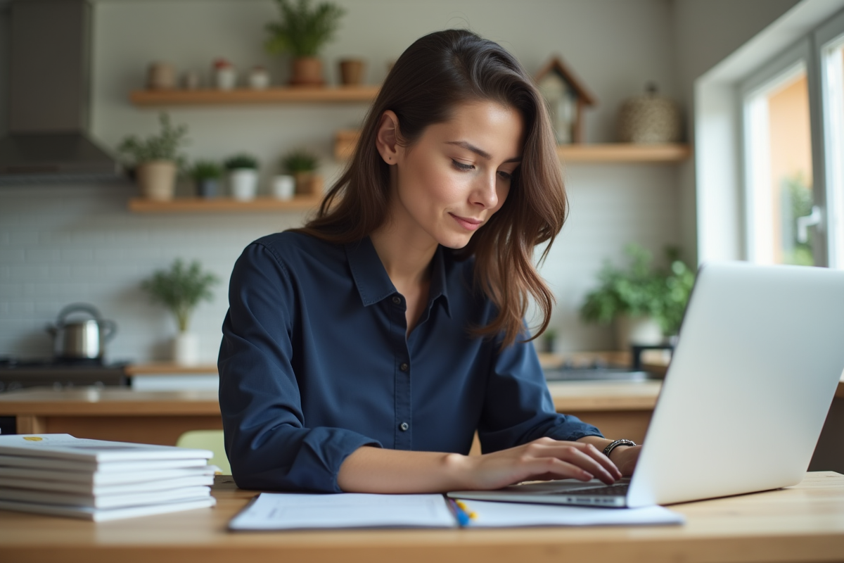 Jeune femme travaillant sur un ordinateur portable à la maison