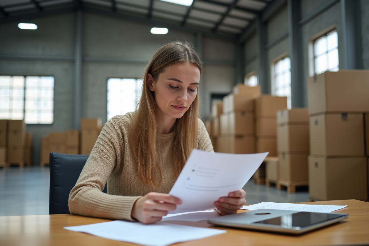 Femme assise vérifiant documents dans un bureau d