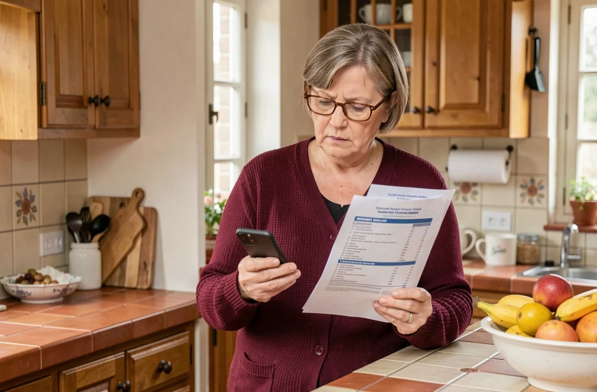Femme d'âge mûr vérifiant un comparatif d'assurance habitation imprimé avec son smartphone dans la cuisine