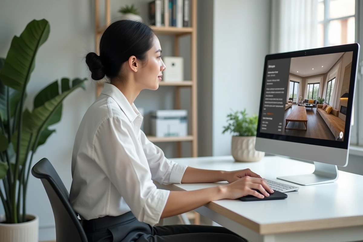Femme consultant une visite virtuelle 360 degrés d'une maison sur un écran d'ordinateur dans un bureau moderne
