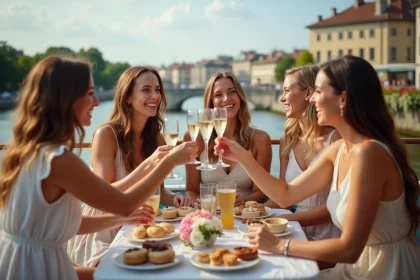 Groupe de femmes souriantes célébrant sur un bateau à Lyon
