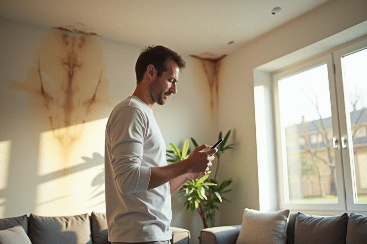 Propriétaire inquiet dans un salon moderne examine une tache d'eau au plafond