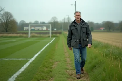 Homme en tenue de travail marchant le long d'un hectare rural avec un terrain de football à côté