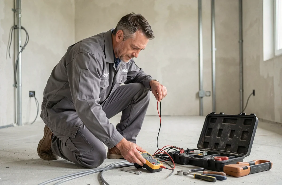 Technicien de GC Diagnostics inspectant l'installation électrique d'une maison en rénovation avec un multimètre professionnel