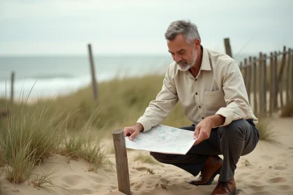 Géomètre expert consultant un plan cadastral sur un terrain en bord de mer non constructible avec vue sur le littoral