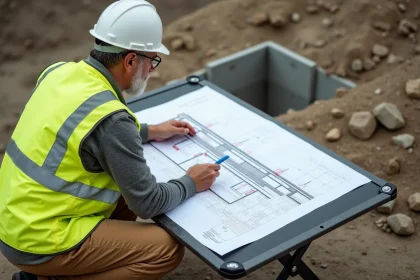 Géomètre étudiant un plan en coupe du terrain avec cotations et altimétries sur un chantier de construction
