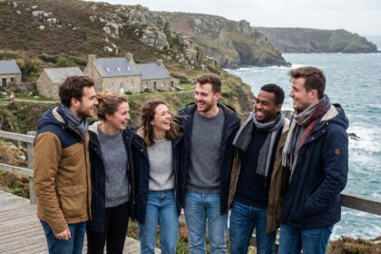 Groupe de jeunes professionnels souriants sur la côte bretonne