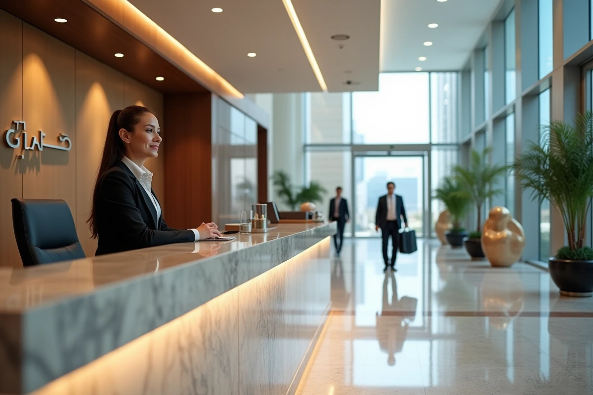 Hall d'accueil professionnel de l'Almas Tower avec une réceptionniste et des visiteurs d'affaires dans l'atrium