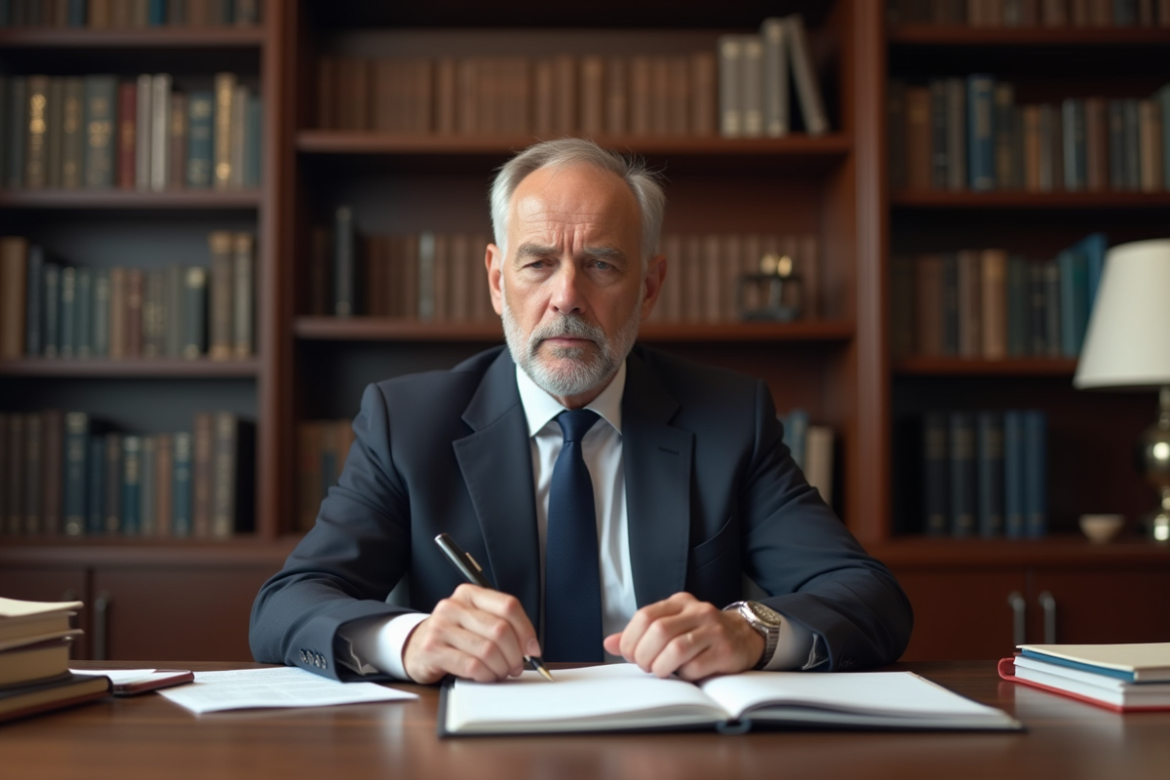 Homme d'affaires en costume examine un contrat dans son bureau