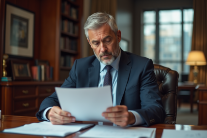 Homme d'affaires en costume examinant des papiers immobiliers