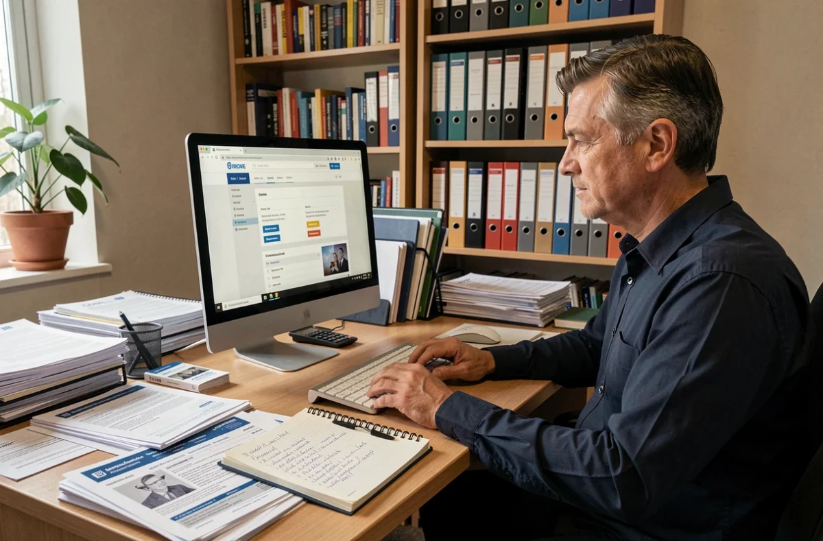 Homme en chemise bleue analysant des documents d'assurance habitation à son bureau à domicile