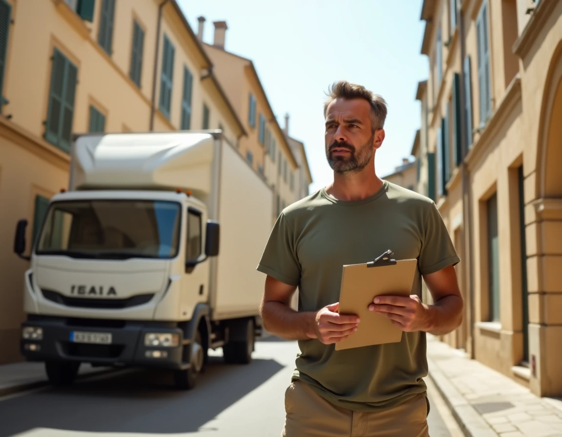 Homme devant un camion de déménagement dans une rue du sud de la France, consultant une liste de vérification pour une location