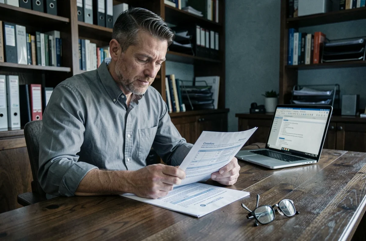 Homme consultant un contrat d'assurance habitation avec des lunettes posées sur le bureau, illustration du remboursement de lunettes perdues