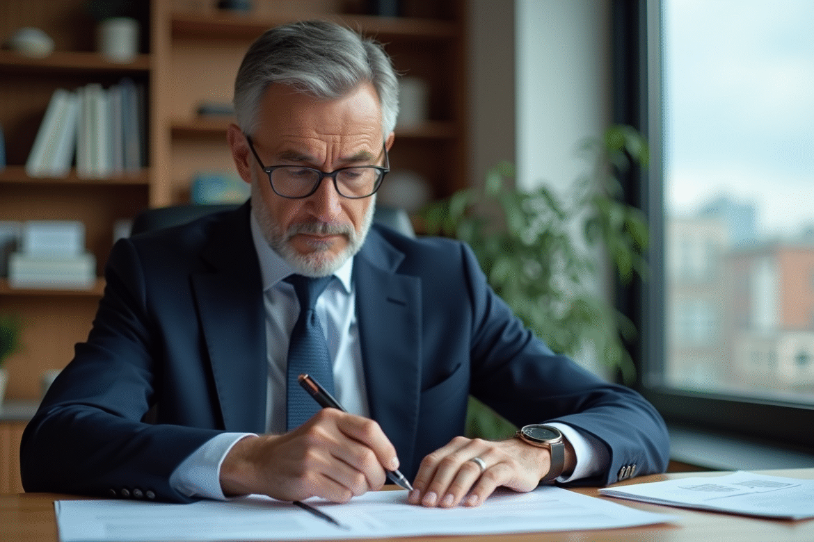 Homme d'âge moyen en costume bleu examinant un contrat immobilier