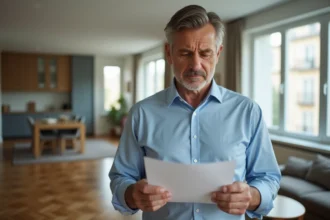 Homme d'affaires examinant un contrat de location dans un appartement lumineux