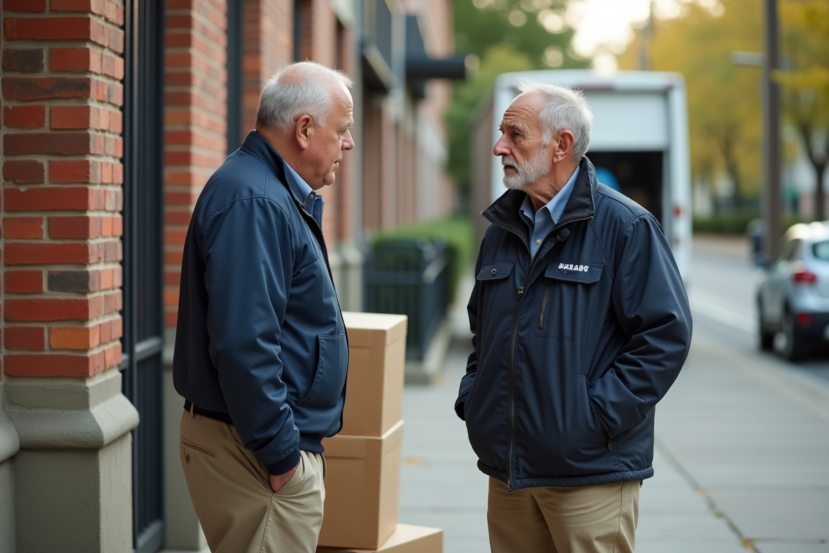 Homme âgé parlant avec un agent municipal devant un immeuble