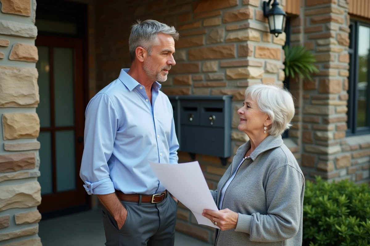 Homme discutant avec une voisine devant un immeuble