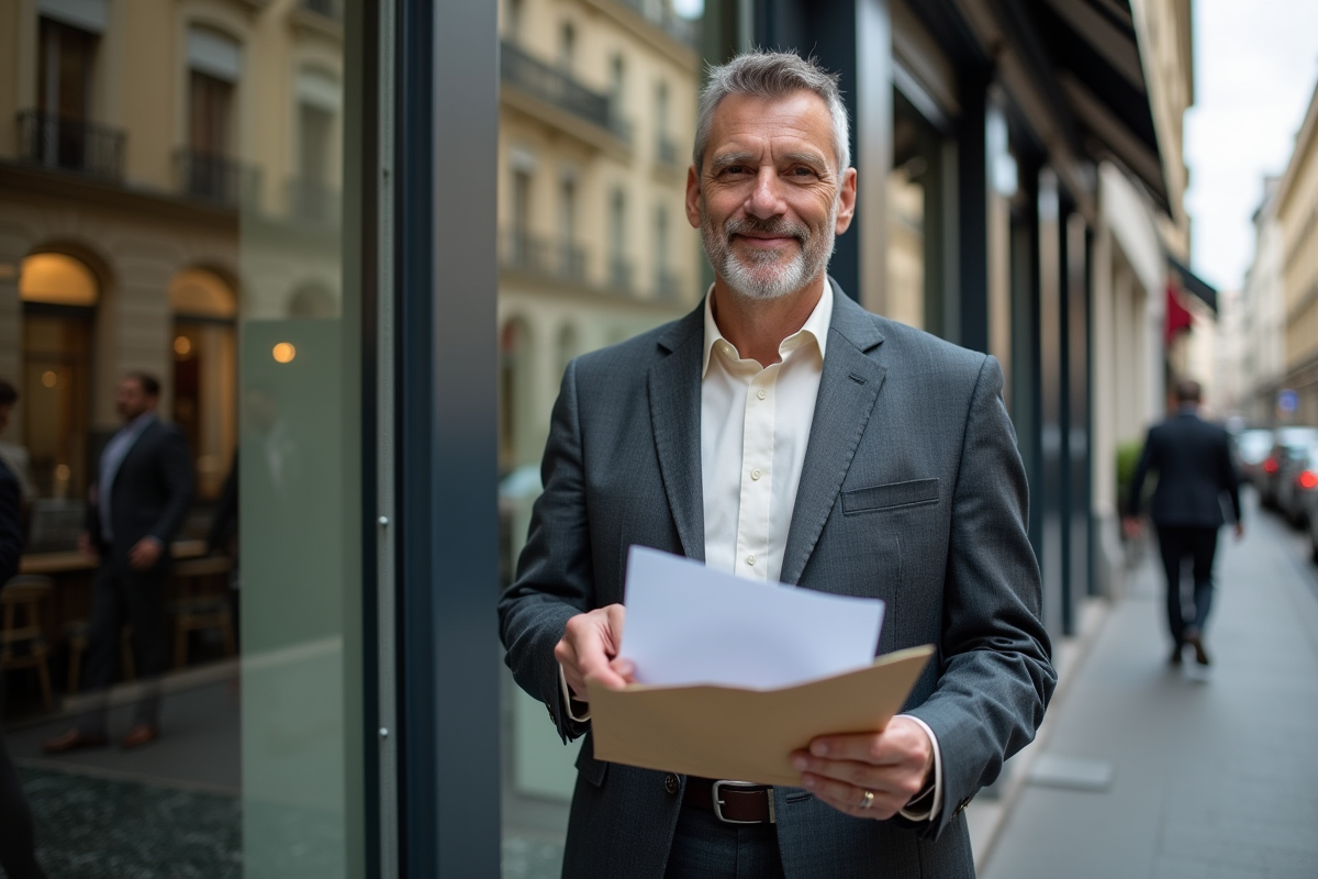 Homme en blazer remettant un dossier de location devant une agence immobiliere