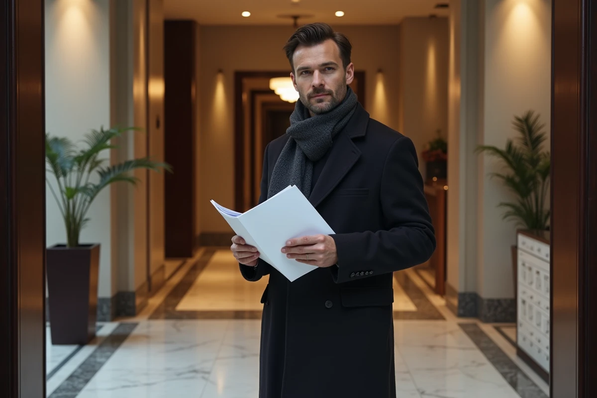 Homme en manteau préparant un dossier de location dans un hall