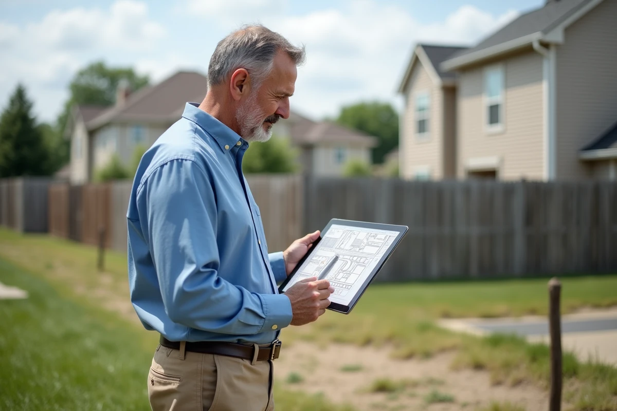 Homme regardant un plan de site numérique en extérieur