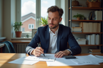 Homme en costume bleu analysant des documents immobiliers