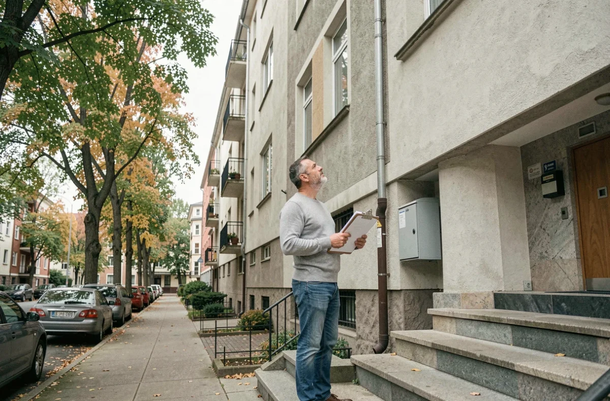 Homme debout devant un immeuble en copropriété consultant des documents administratifs sur un clipboard